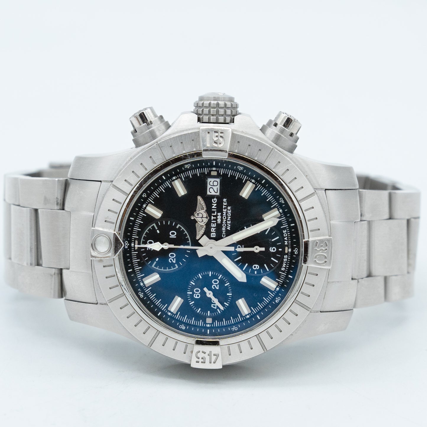 Breitling Avenger Chronograph 43mm A13385 Black Dial Brush Steel Bracelet B&P