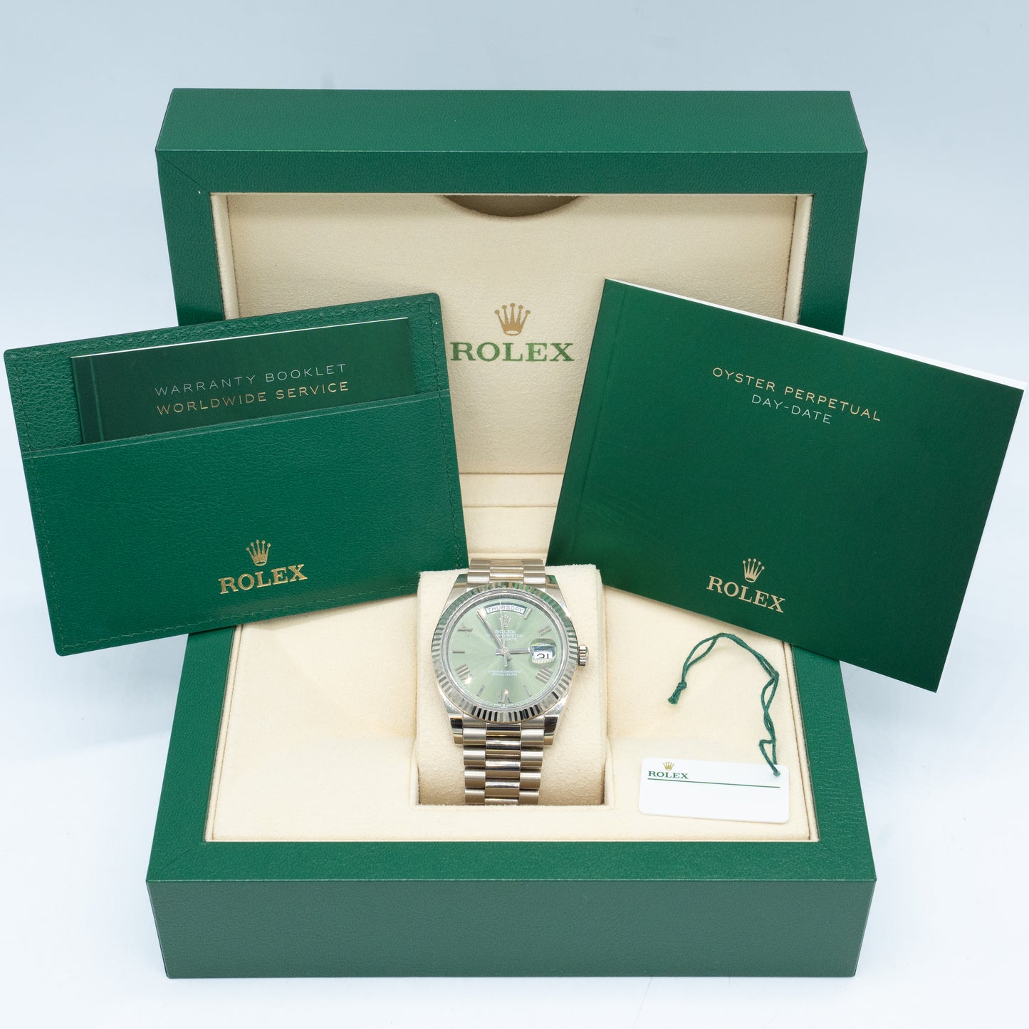 Rolex Day-Date President 18K White Gold OLIVE GREEN ROMAN 40mm 228239 B&P 2022