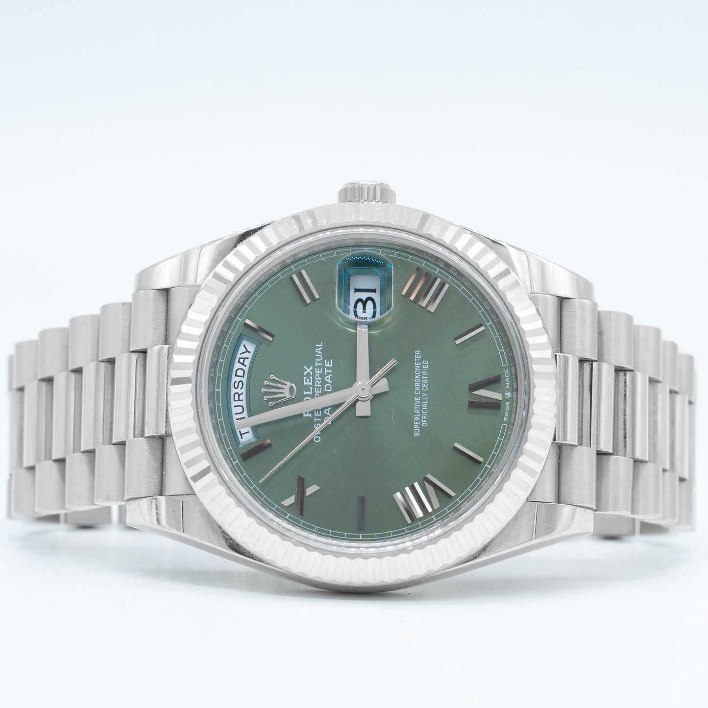 Rolex Day-Date President 18K White Gold OLIVE GREEN ROMAN 40mm 228239 B&P 2022
