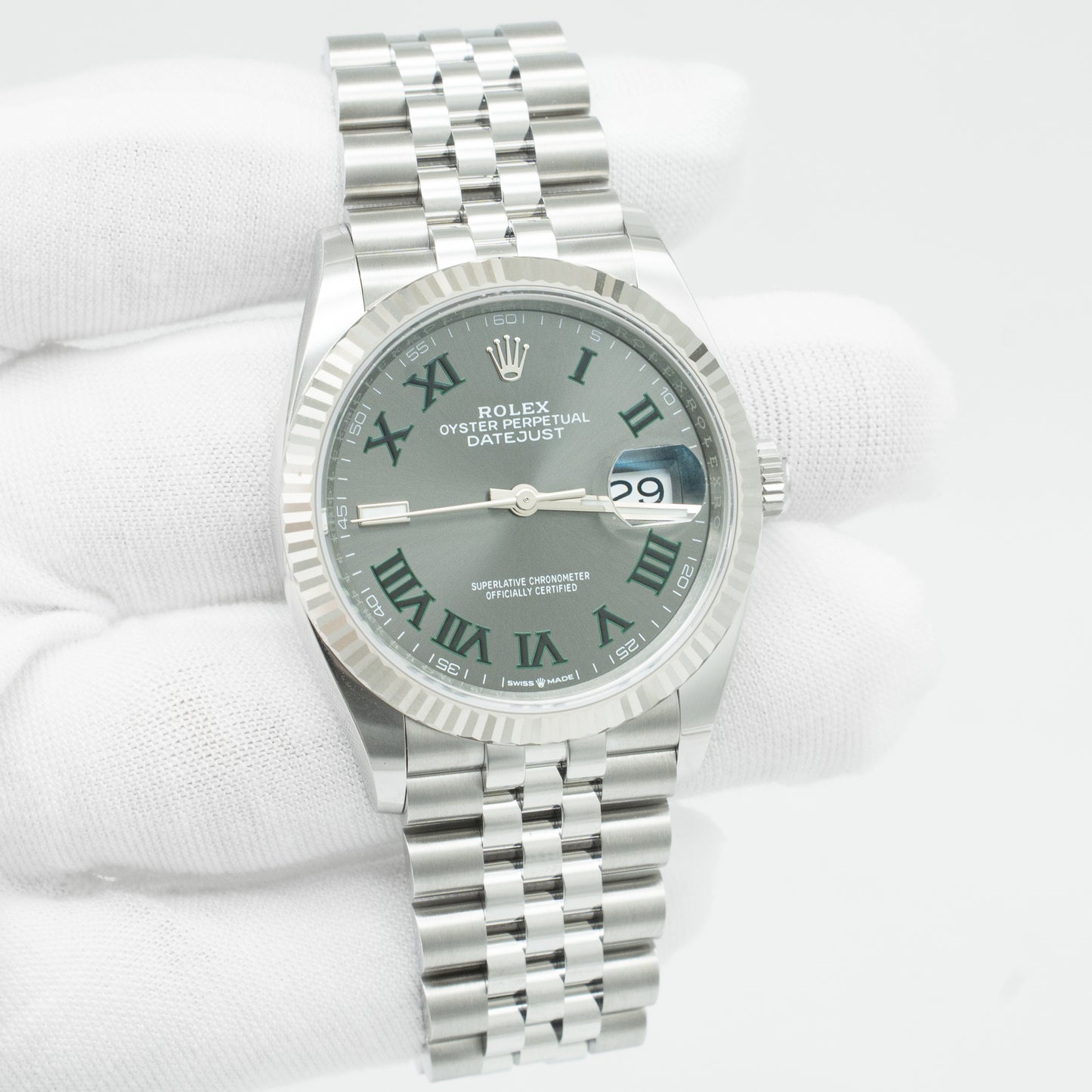 Rolex 126234 Steel Datejust 36 Fluted Bezel Wimbledon Rhodium Roman Dial Jubilee
