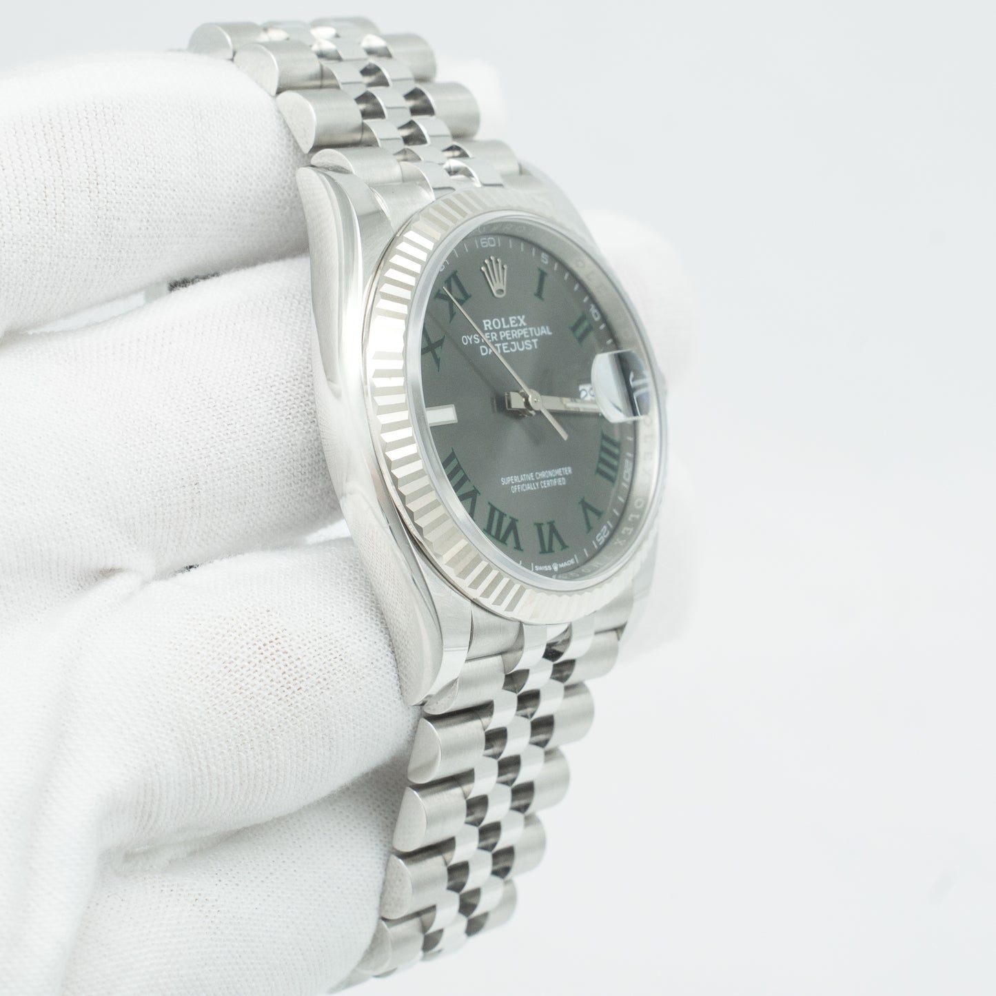 Rolex 126234 Steel Datejust 36 Fluted Bezel Wimbledon Rhodium Roman Dial Jubilee