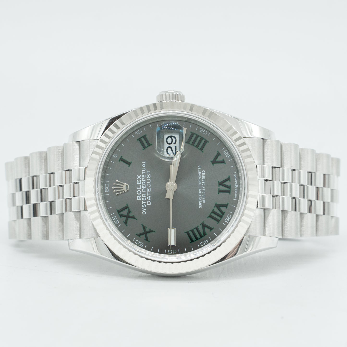 Rolex 126234 Steel Datejust 36 Fluted Bezel Wimbledon Rhodium Roman Dial Jubilee