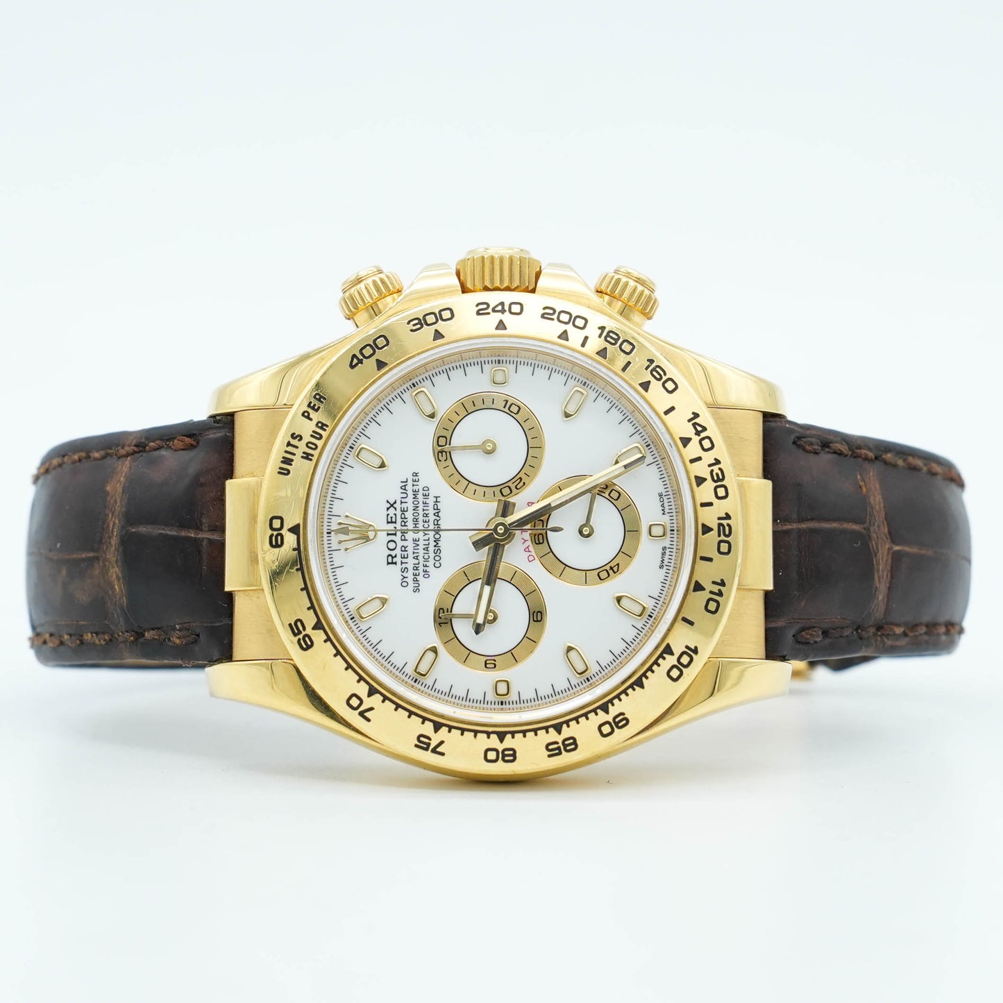 Rolex Daytona 116518 Watch 40MM Yellow Gold White Arrow Dial Leather