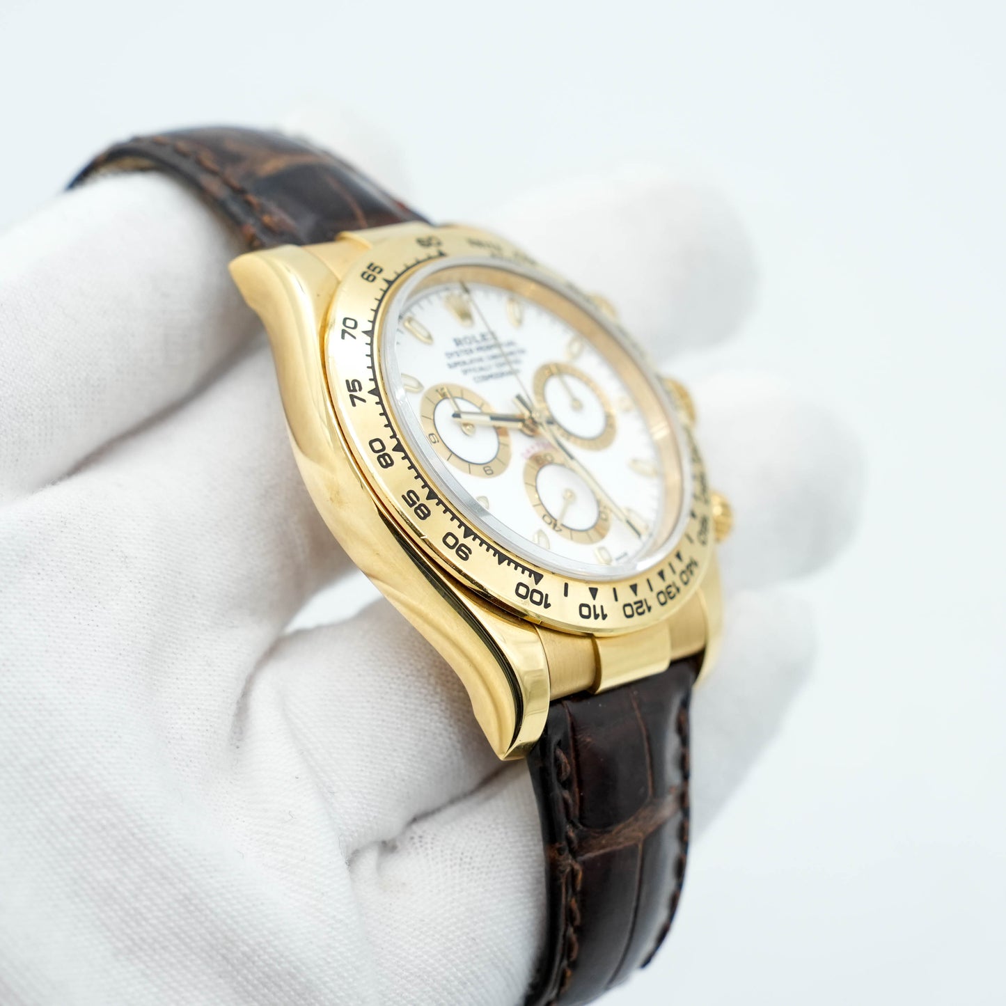 Rolex Daytona 116518 Watch 40MM Yellow Gold White Arrow Dial Leather