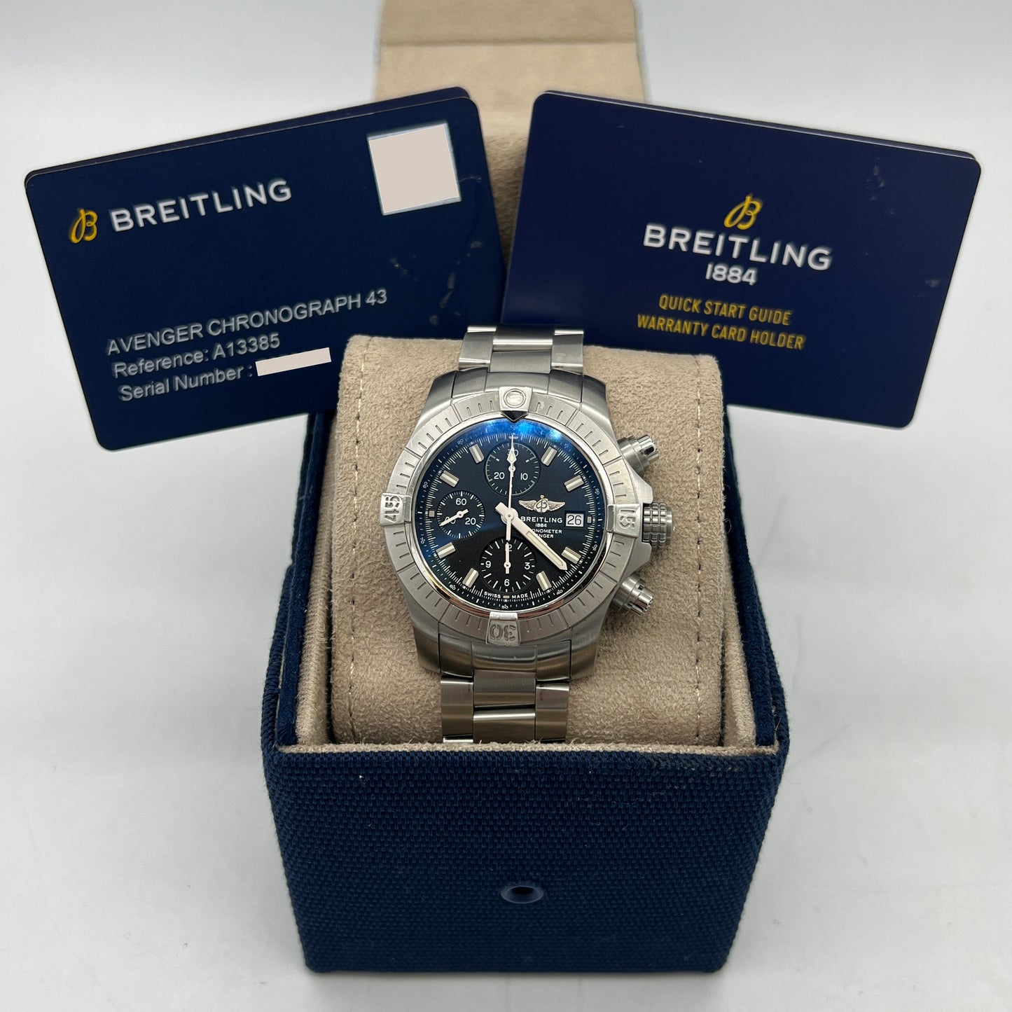 Breitling Avenger Chronograph 43mm A13385 Black Dial Brush Steel Bracelet B&P