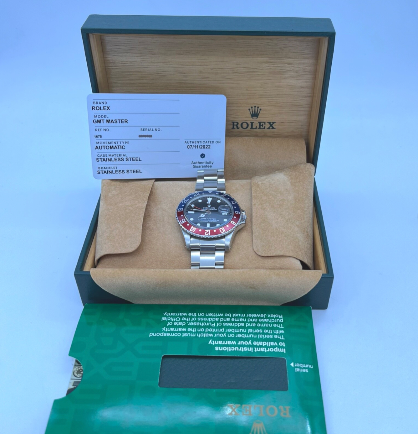 Rolex GMT-Master Pepsi 40mm Men's Automatic Watch 1675 Ebay Authentication Card