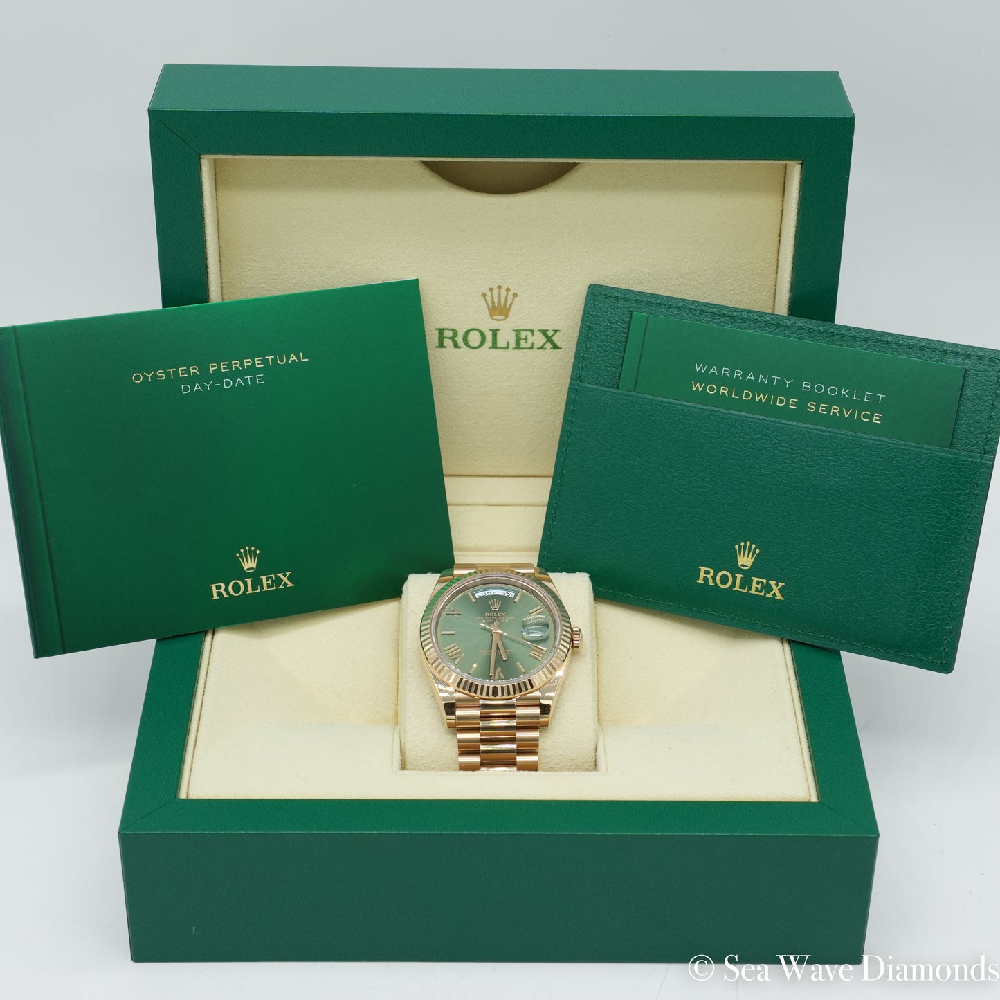 Rolex Day-Date 228235 40MM Green Arabic Calendar (Very Rare) Dial Rose Gold B&P