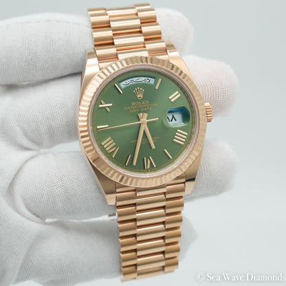Rolex Day-Date 228235 40MM Green Arabic Calendar (Very Rare) Dial Rose Gold B&P