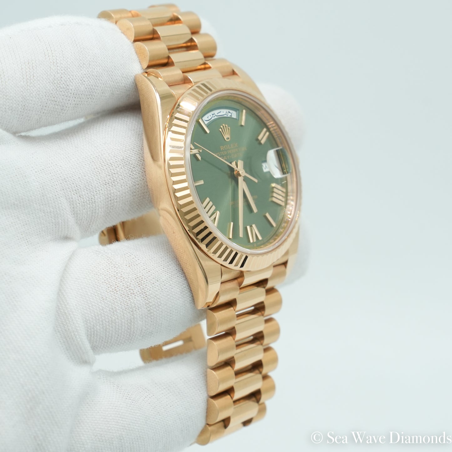 Rolex Day-Date 228235 40MM Green Arabic Calendar (Very Rare) Dial Rose Gold B&P
