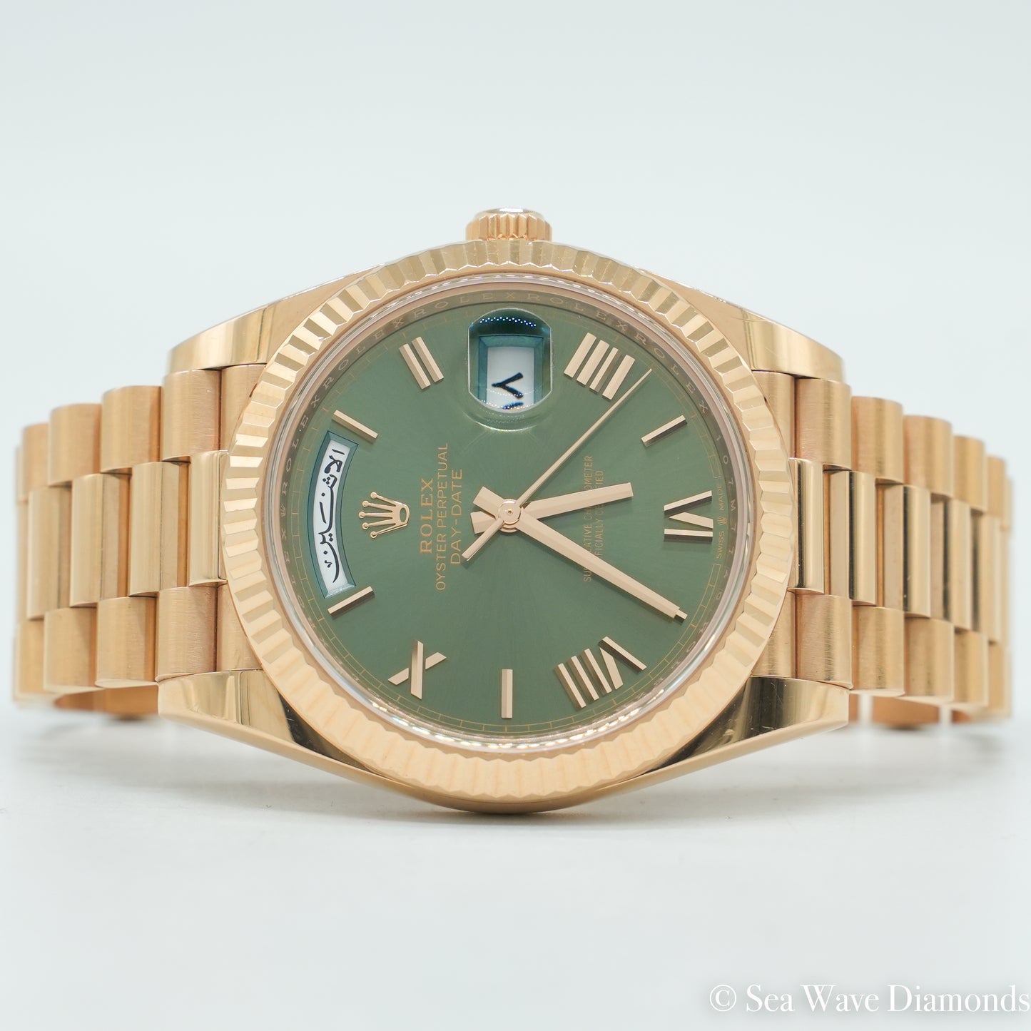 Rolex Day-Date 228235 40MM Green Arabic Calendar (Very Rare) Dial Rose Gold B&P