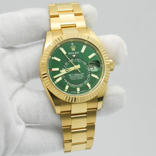 Rolex Sky-Dweller 42mm Yellow Gold Green Dial Fluted Jubilee 336938
