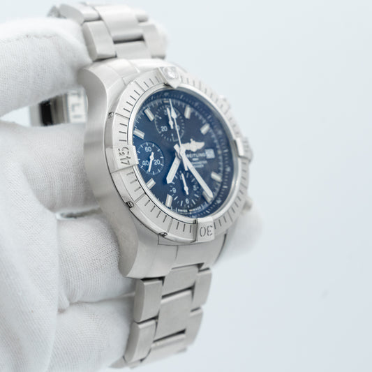 Breitling Avenger Chronograph 43mm A13385 Black Dial Brush Steel Bracelet B&P