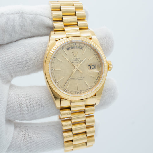 Rolex 18038 Day Date 18K Yellow Gold with Linen Stick Dial