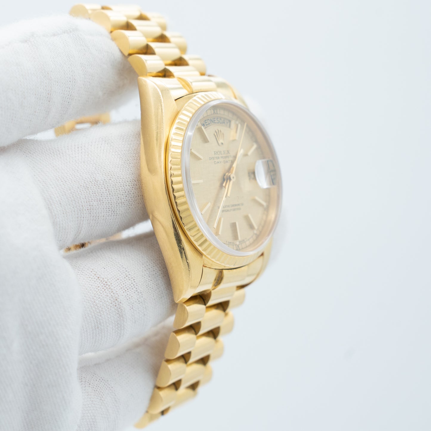 Rolex 18038 Day Date 18K Yellow Gold with Linen Stick Dial