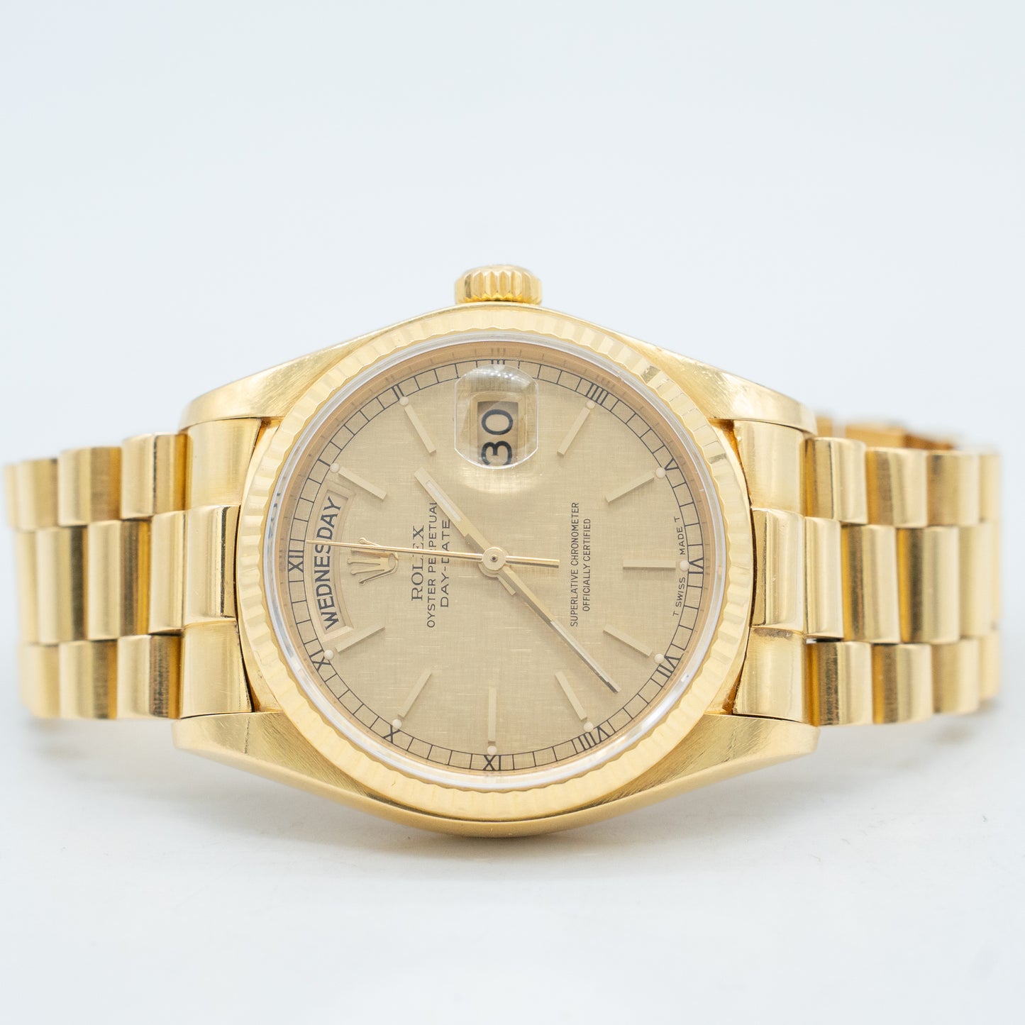 Rolex 18038 Day Date 18K Yellow Gold with Linen Stick Dial