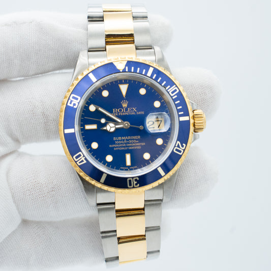 Rolex Submariner Date 40mm Blue Two-Tone 18K Yellow Gold Stainless Watch 16613