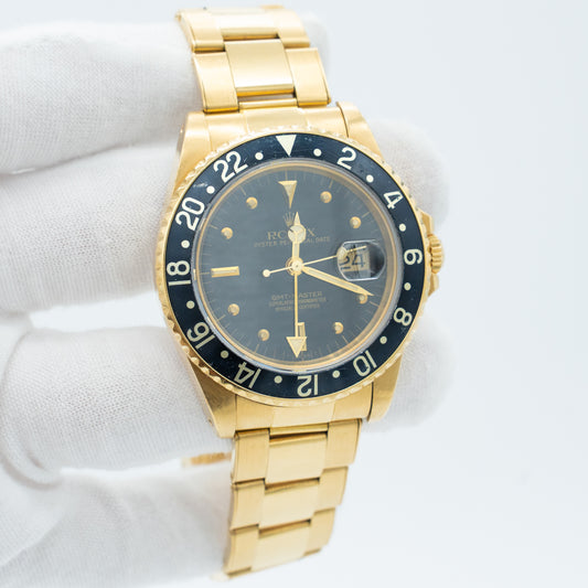 Rolex GMT-Master 16758 18k Yellow Gold Black Nipple Dial 40mm