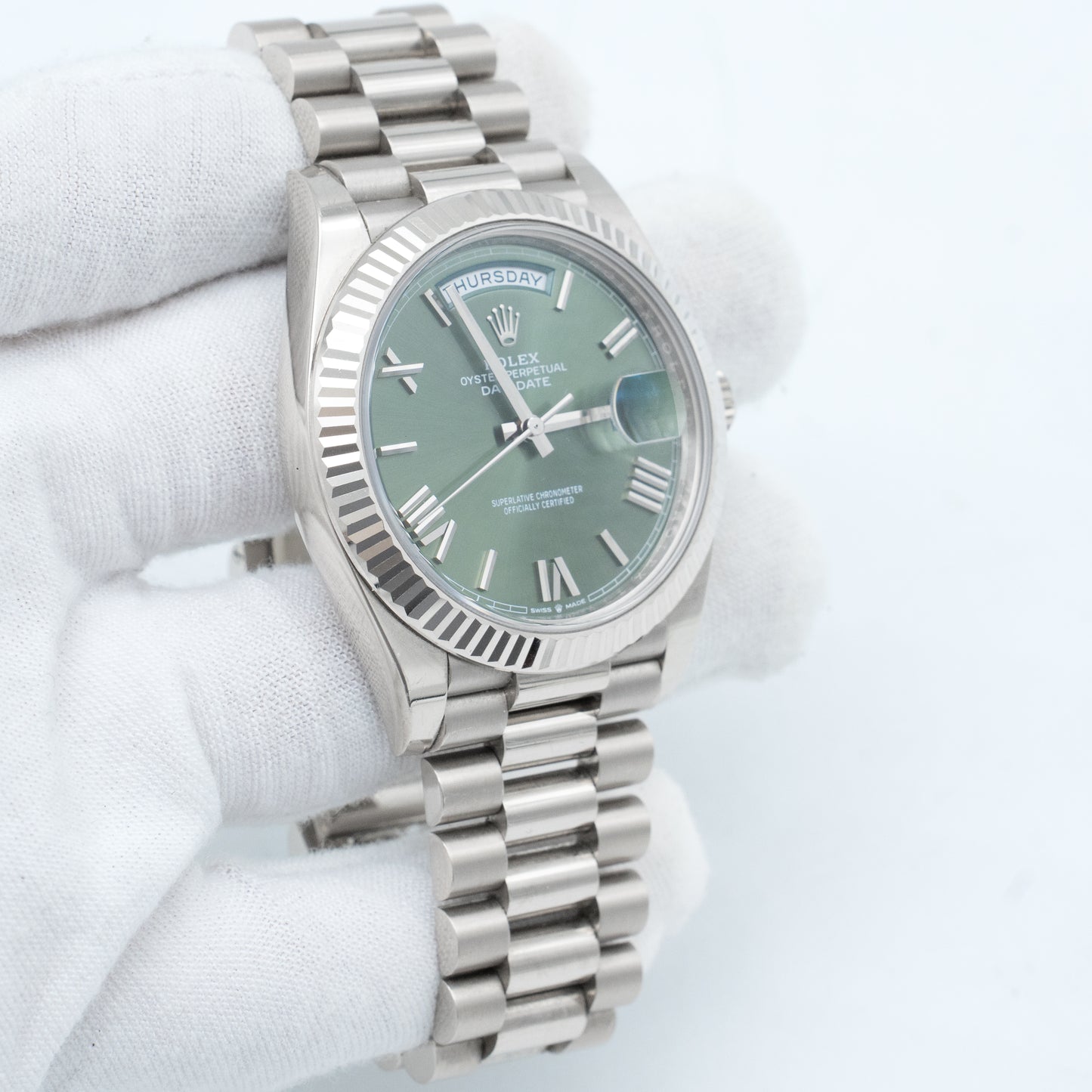 Rolex Day-Date President 18K White Gold OLIVE GREEN ROMAN 40mm 228239 B&P 2022