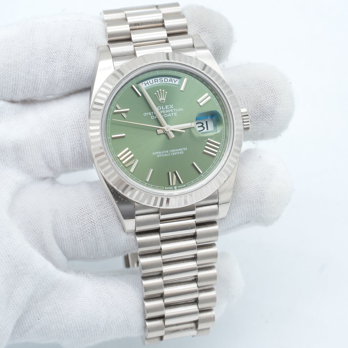 Rolex Day-Date President 18K White Gold OLIVE GREEN ROMAN 40mm 228239 B&P 2022