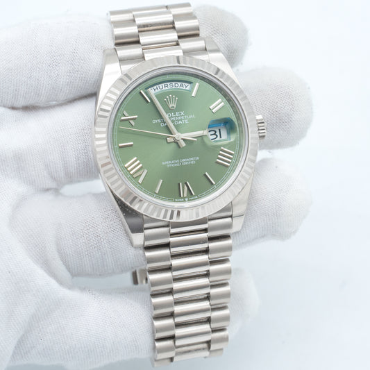 Rolex Day-Date President 18K White Gold OLIVE GREEN ROMAN 40mm 228239 B&P 2022