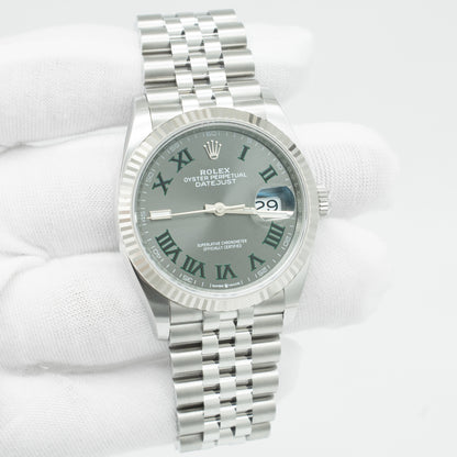 Rolex 126234 Steel Datejust 36 Fluted Bezel Wimbledon Rhodium Roman Dial Jubilee