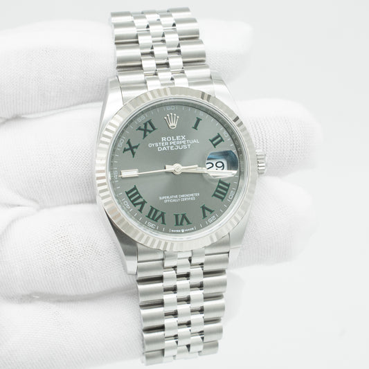 Rolex 126234 Steel Datejust 36 Fluted Bezel Wimbledon Rhodium Roman Dial Jubilee