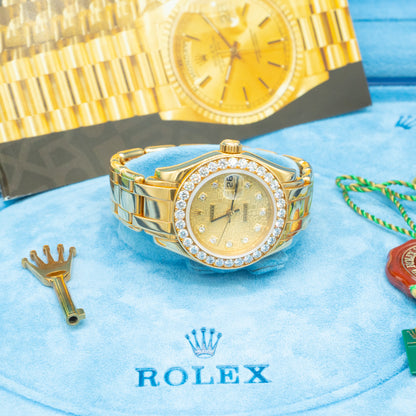 ROLEX 18K Yellow Gold Masterpiece Pearlmaster Factory Diamond 69298 B&P 1998