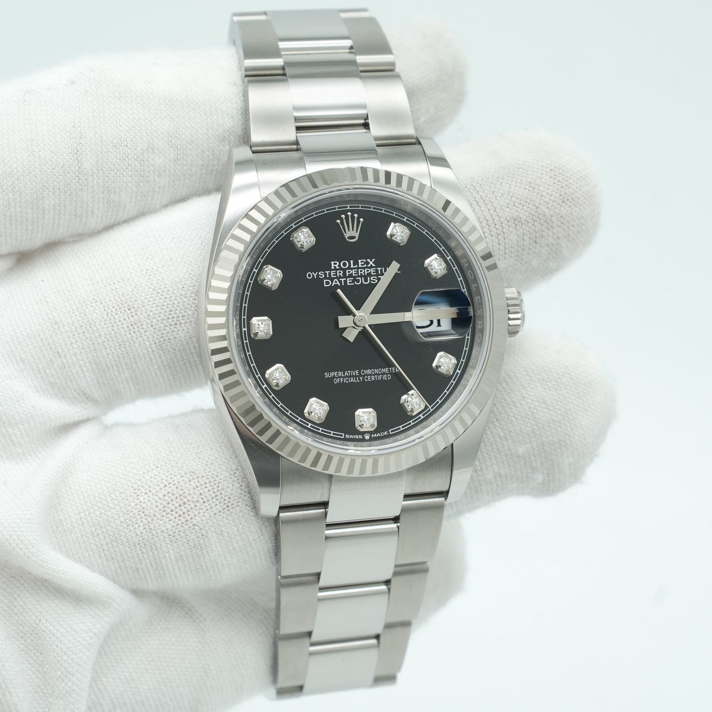 New Rolex 126234 Steel Datejust 36 Fluted Bezel Black Diamonds Dial B&P 2025