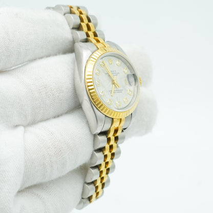 Rolex Datejust 18k 179173 Yellow Gold/Steel Silver Pyramid Dial 26mm Watch