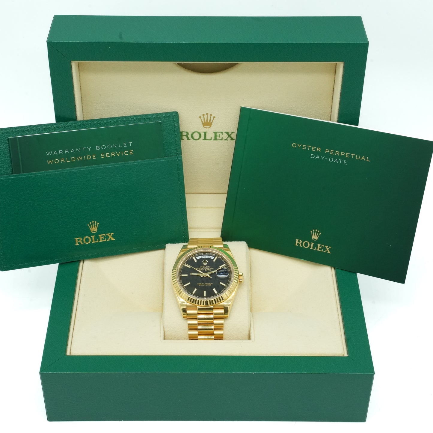 Rolex Day-Date 40 President 228238 Black Stick Yellow Gold Box & Paper