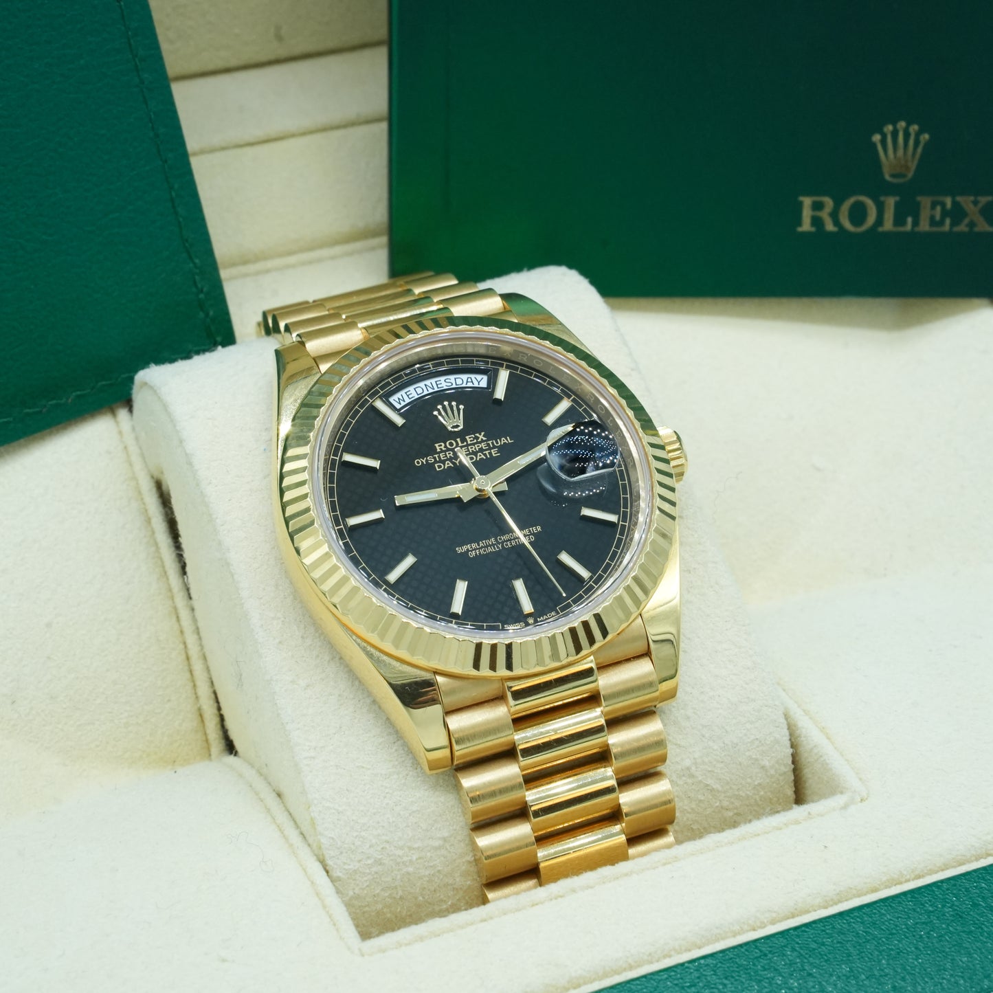 Rolex Day-Date 40 President 228238 Black Stick Yellow Gold Box & Paper