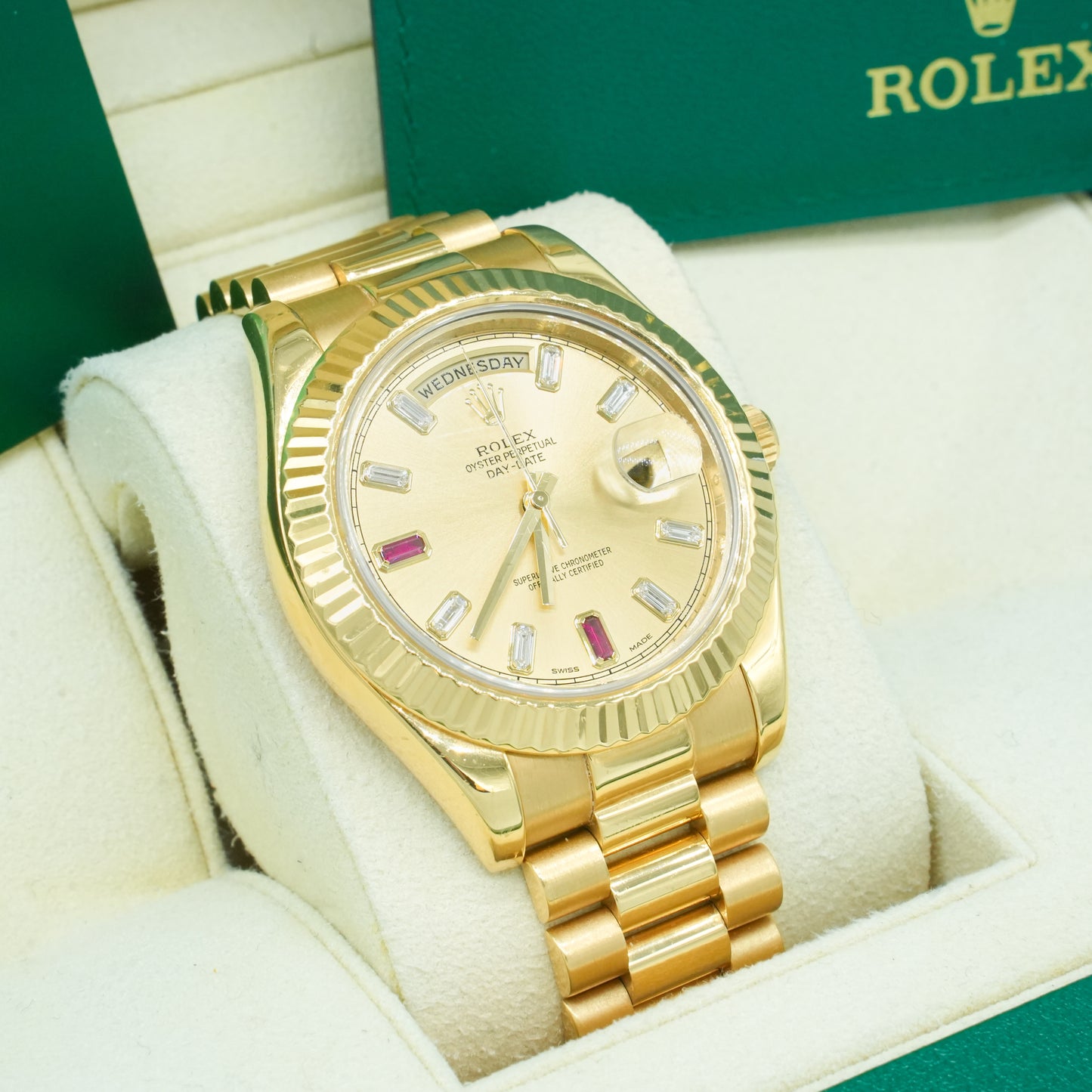 Rolex Day-Date II 218238 Ruby Diamond Dial 18k Gold