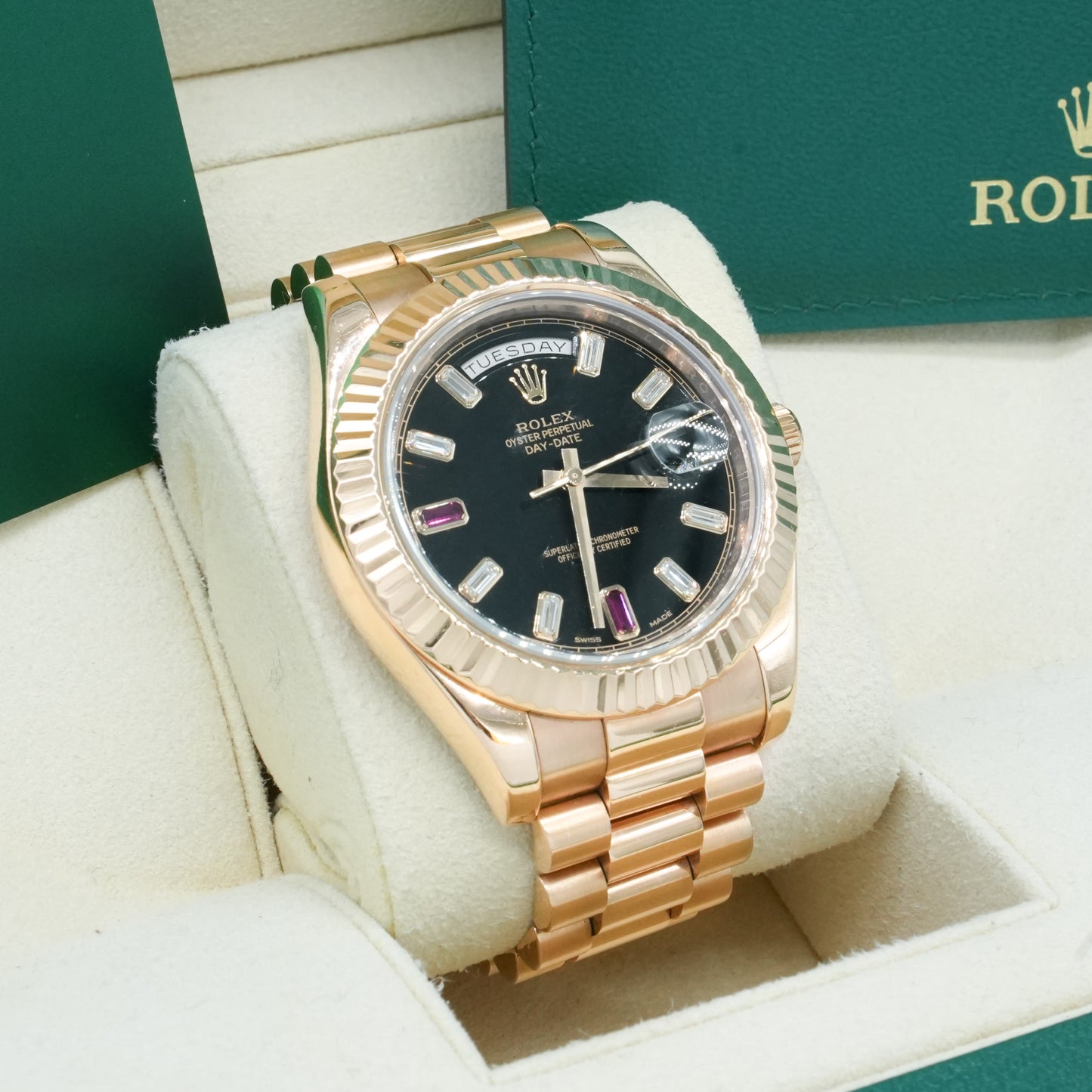 ROLEX Day-Date II Diamond 2 Ruby 218235 Rose Gold 18K B&P 2016