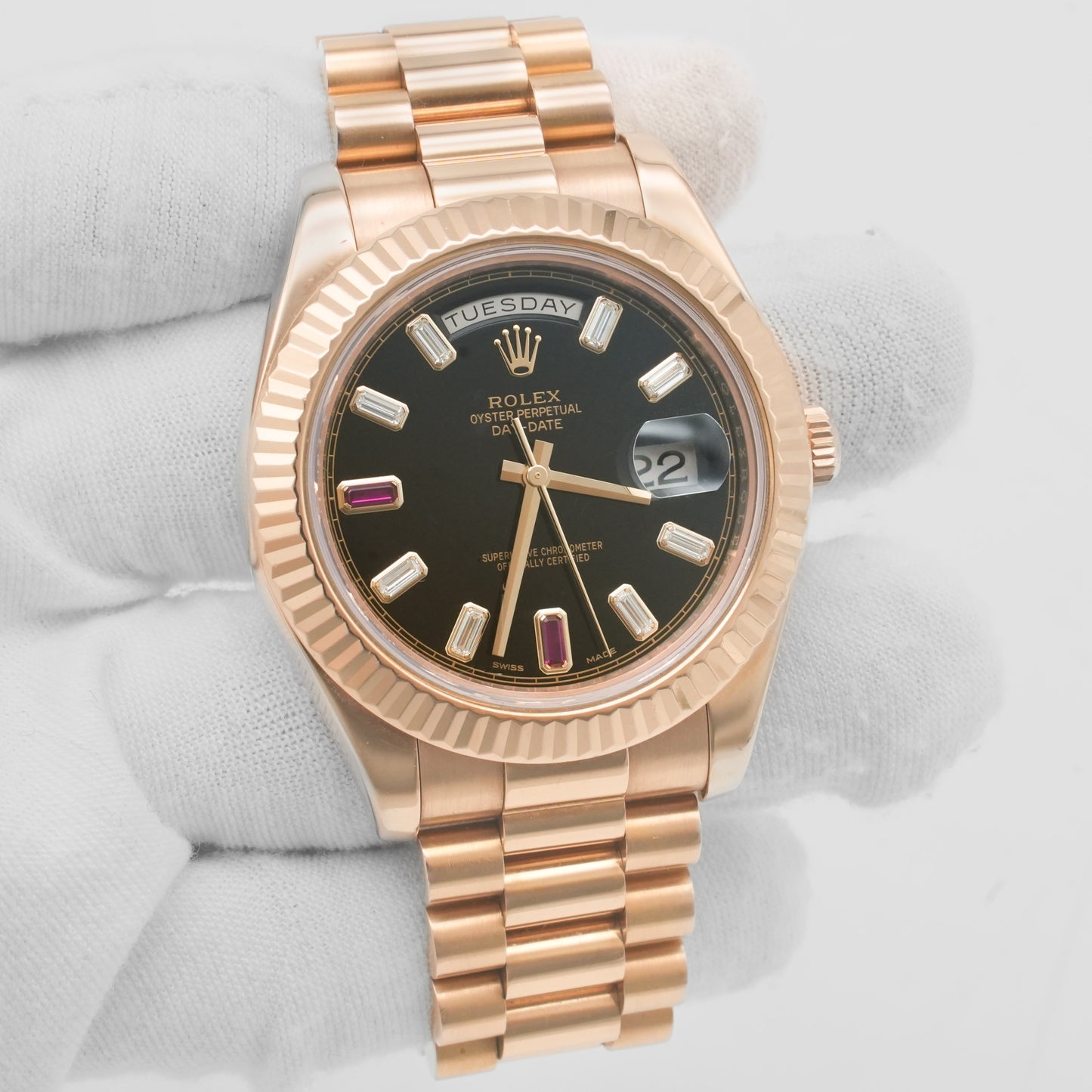 ROLEX Day-Date II Diamond 2 Ruby 218235 Rose Gold 18K B&P 2016