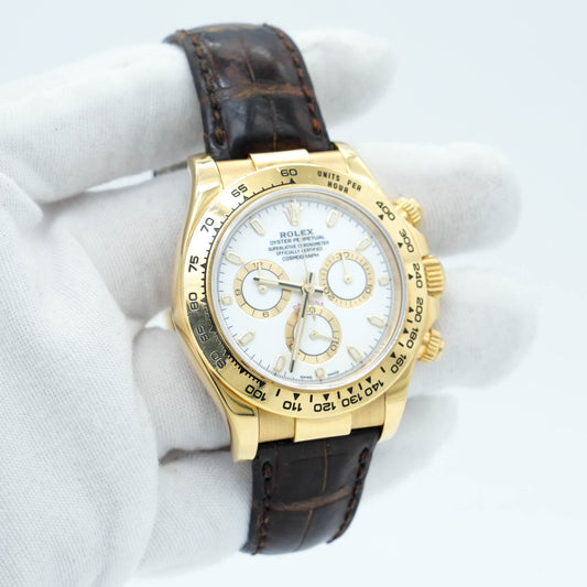 Rolex Daytona 116518 Watch 40MM Yellow Gold White Arrow Dial Leather